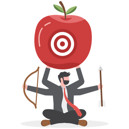 Businessman archery holding arrow and bow meditate and focus on bullseye target at center of apple  Illustration