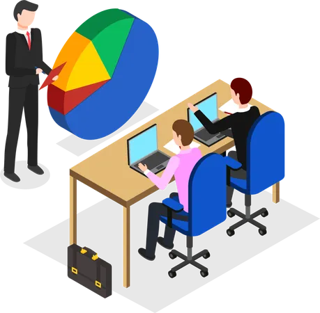 Businessman discussing pie diagram analysis with team  Illustration