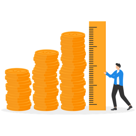 Businessman investor using measuring tape to measure money coins stack height  Illustration