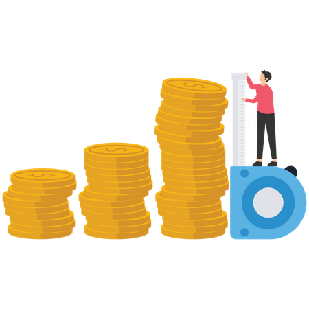 Businessman investor using measuring tape to measure money coins stack height  Illustration