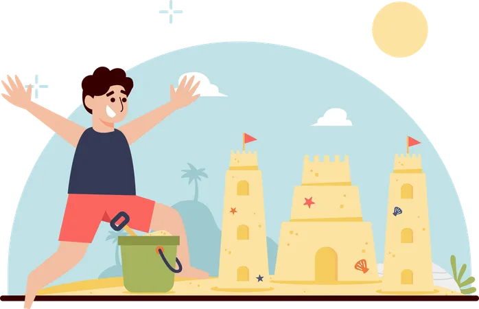 Child Building Sand Castle  Illustration