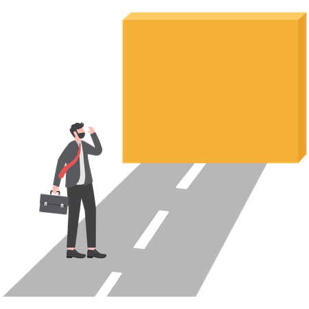 Confused businessman walk on the road to brick wall barrier  Illustration