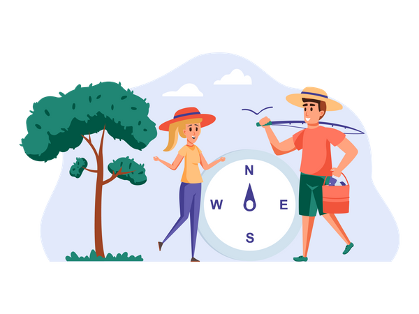 Couple finding fishing location  Illustration