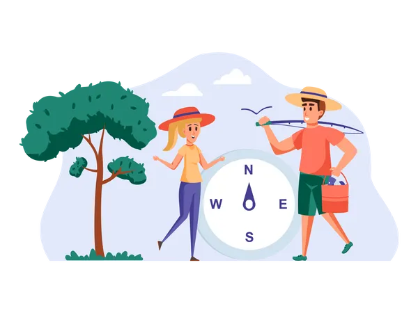 Couple finding fishing location  Illustration