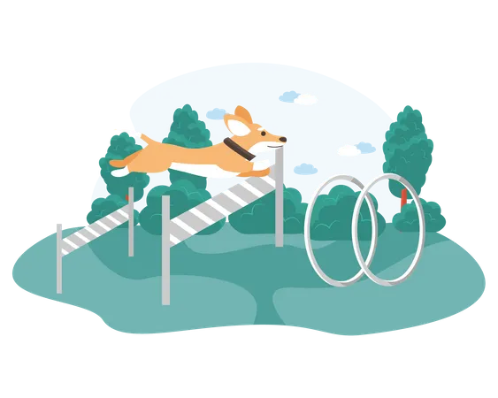 Dog jumping hurdles in tract  Illustration