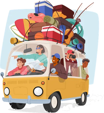 Família feliz aproveitando a viagem de carro  Ilustração