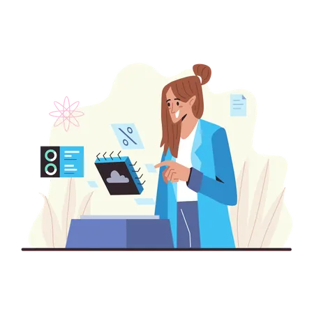 Female data scientist working on cloud solution  Illustration