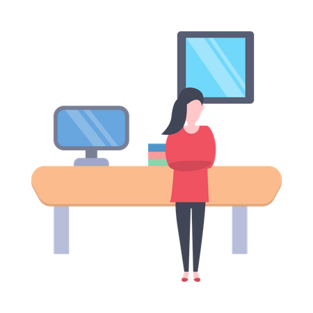 Female employee standing at her desk  Illustration