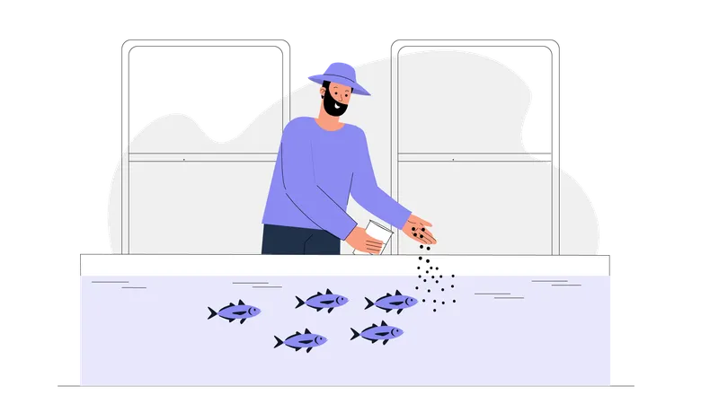 Fisher man giving food to fish  Illustration