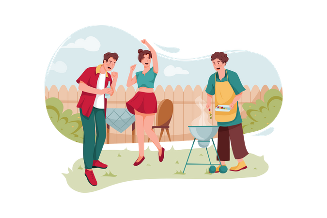 Friends making food on barbeque at home backyard area  Illustration