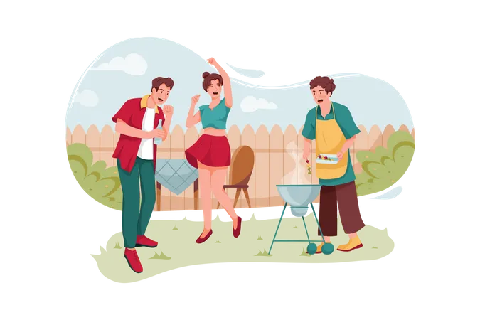 Friends making food on barbeque at home backyard area  Illustration