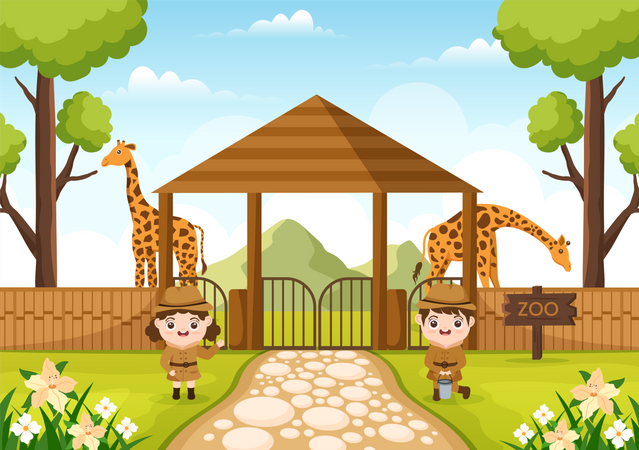 Giraffe and kids  Illustration