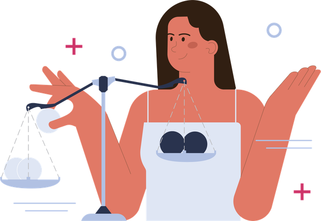 Girl balancing weight on balance scale  Illustration