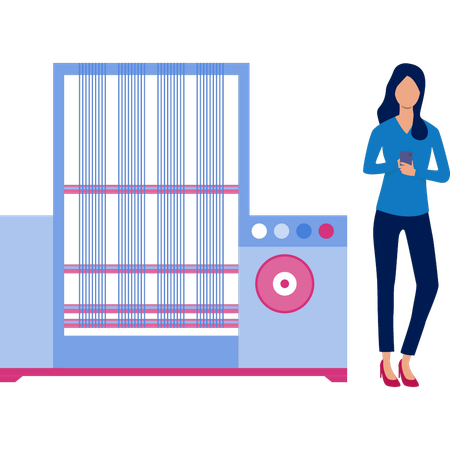 Girl looking at mobile standing next to industrial printing machine  Illustration