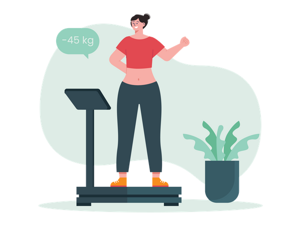 Girl measuring weight on weighing scale  Illustration