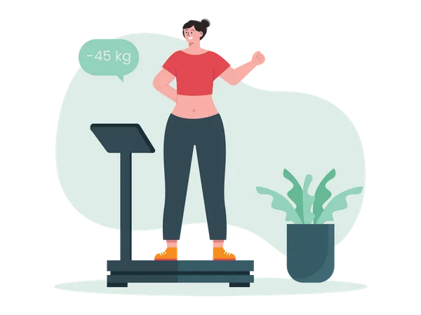 Girl measuring weight on weighing scale  Illustration