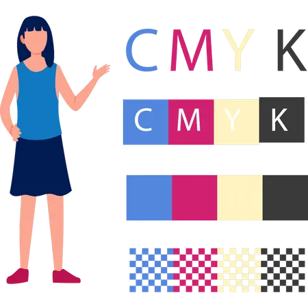 Girl pointing at CMYK  Illustration