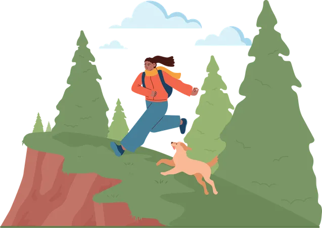 Girl running and reached at montain top point  Illustration