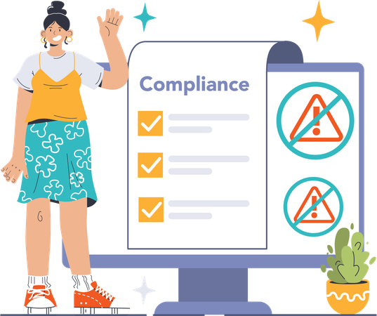 Girl waving hand while showing compliance list  Illustration