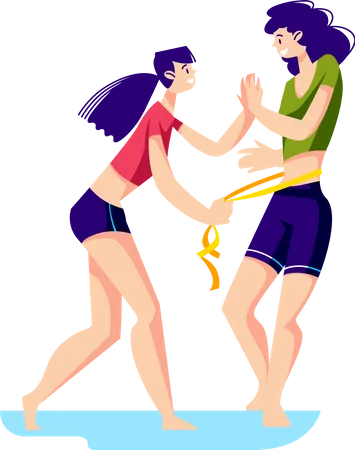 Girls measuring waist with measure tape  Illustration