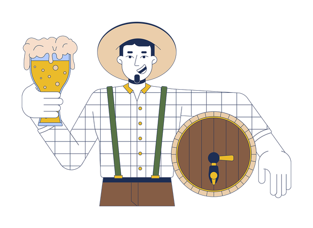 Happy caucasian man holding beer and cask  Illustration