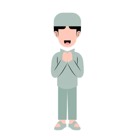 Islamic Boy With Eid Greeting Gesture  Illustration