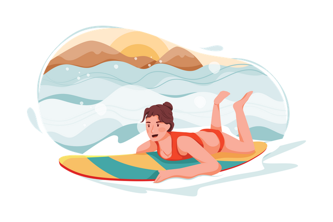 Lady Surfing in sea  Illustration