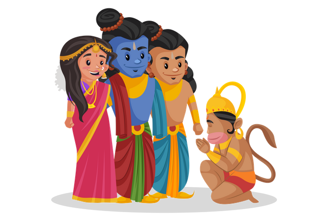 Lord Hanuman taking blessings from Ram and Sita  Illustration