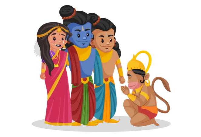 Lord Hanuman taking blessings from Ram and Sita  Illustration