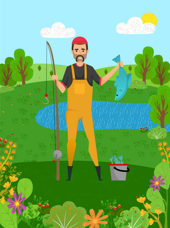 Male fisher catching fish  Illustration