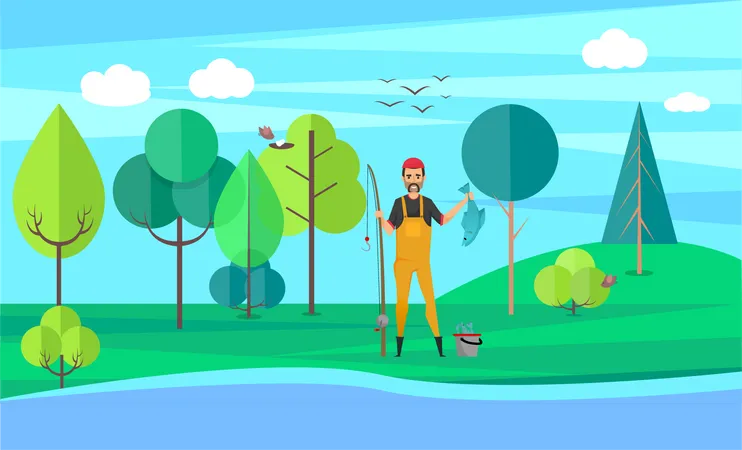 Male fisher standing near lake  Illustration