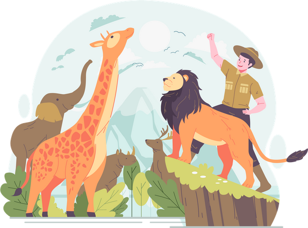 Male zoo keeper with animals celebrates world animal day  Illustration