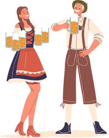 Man and Woman Dressed in Traditional German Costumes Enjoying Time Together  Illustration