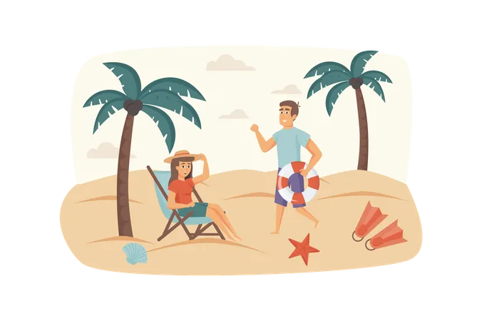 Man and woman resting on beach by sea, lying on sun lounger, sunbathing  Illustration