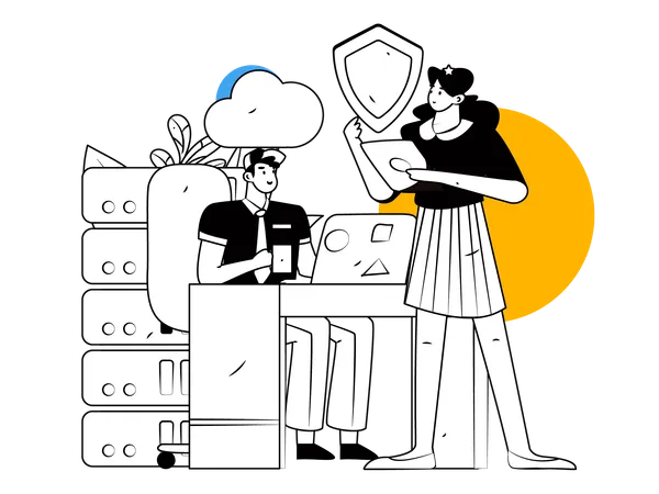 Man and woman working on cloud database security  Illustration