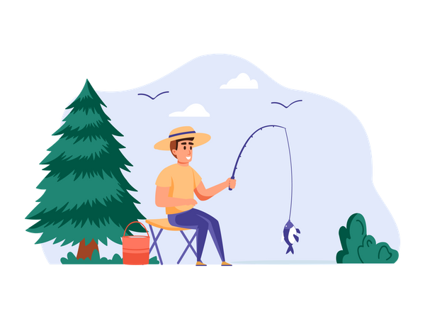 Man fishing in lake  Illustration