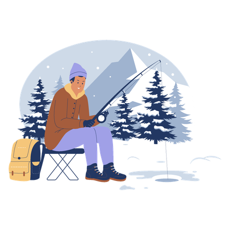 Man fishing in winter season  Illustration