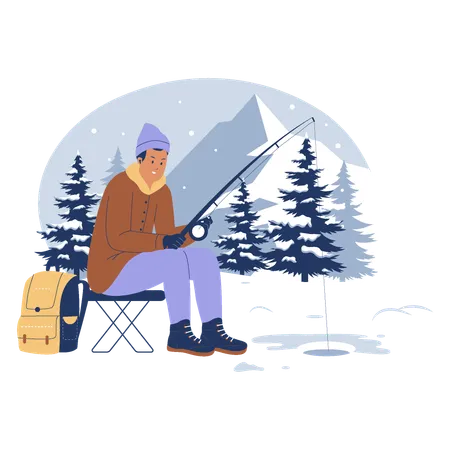 Man fishing in winter season  Illustration