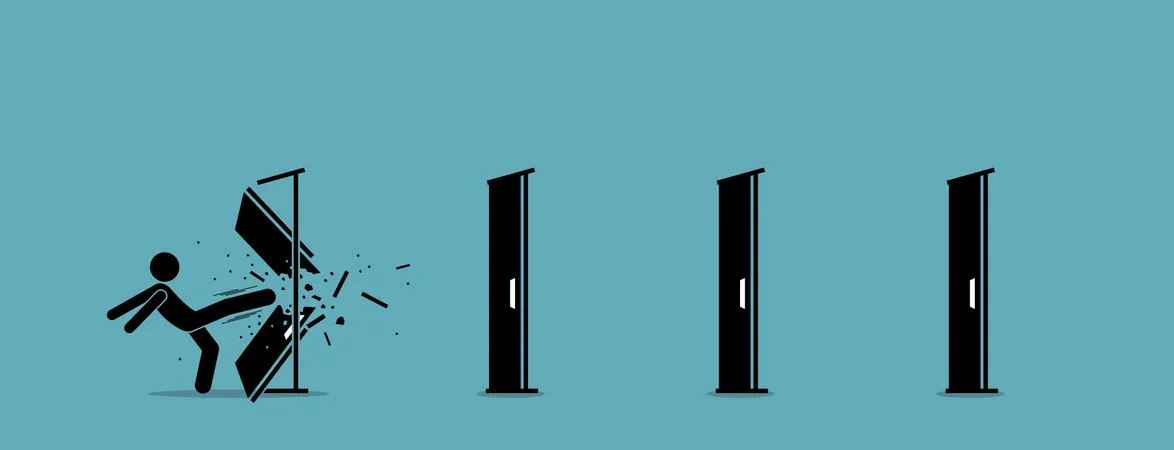 Man kicking down and destroying door one by one  Illustration