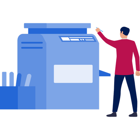 Man pointing at photocopies machine  Illustration