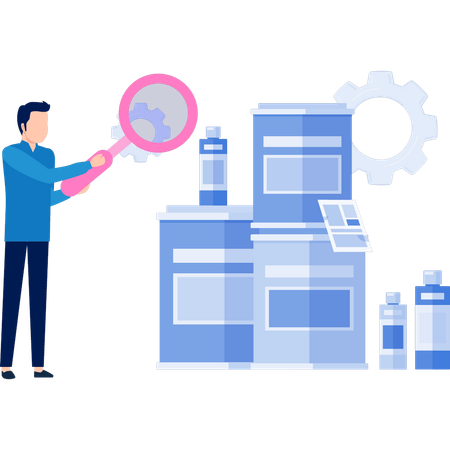 Man searching printer setting by magnifying glass  Illustration