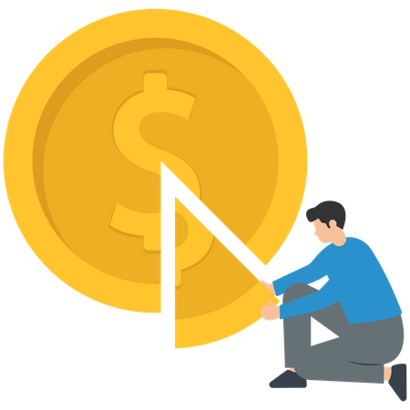 Money management, financial planning or wealth management or investment portfolio, paying for tax, loan or debt, inflation concept, businessman using pizza cutter to split golden dollar money coin.  Illustration