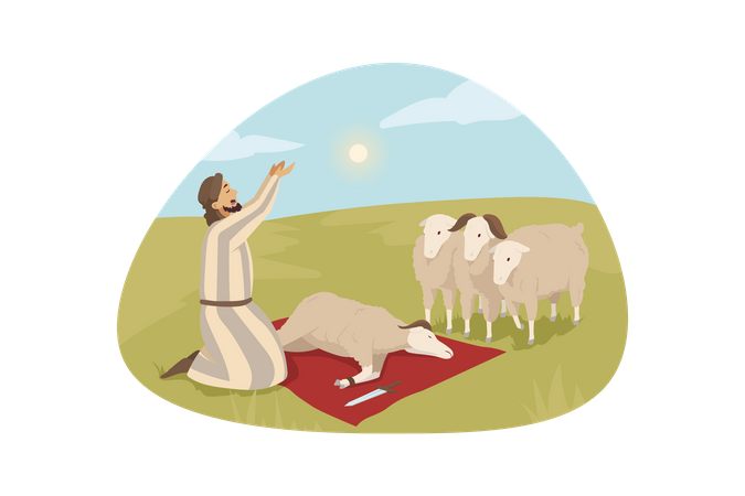 Muslim man sacrificing goat  Illustration