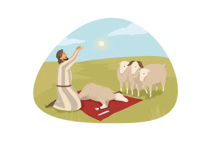 Muslim man sacrificing goat  Illustration