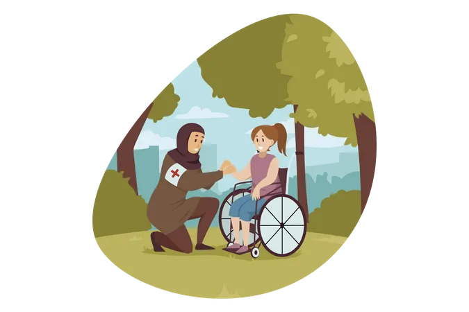 Muslim woman helping handicapped girl  Illustration