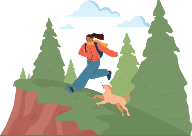 Chica corriendo y alcanzando el punto más alto de la montaña.  Ilustración