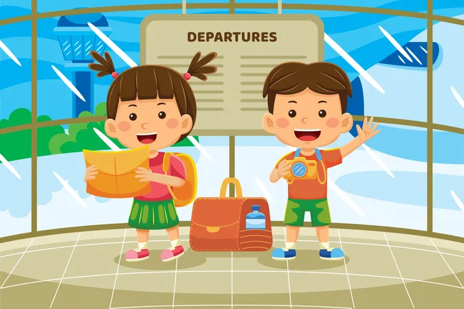 Niños pequeños de pie en la salida del aeropuerto  Ilustración