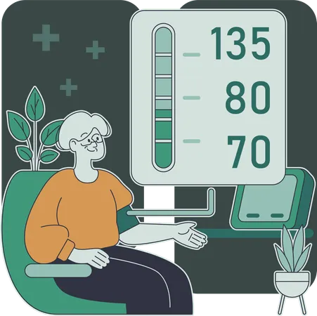 Old woman measures her blood pressure online  Illustration