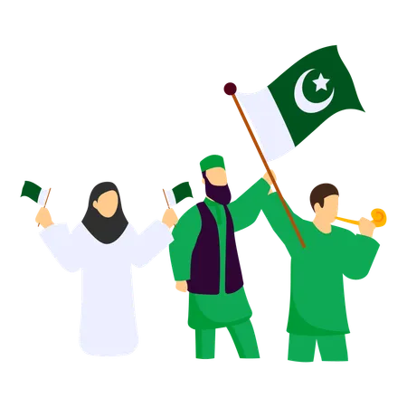 Pakistani people holding and waving green flags  Illustration