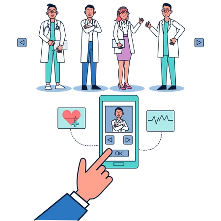 Patient choosing doctor for an appointment online on mobile  Illustration